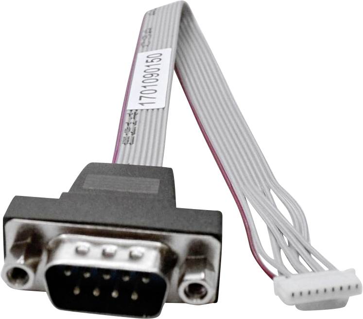 Ein DB9-Seriell-Anschluss mit angebrachtem Flachbandkabel, das in einem weißen Steckerverbinder endet.