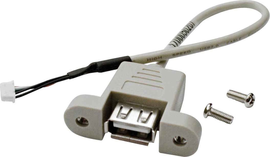 Ein USB-Wandplatteneinsatz mit angebrachtem Kabel und zwei Schrauben, konstruiert zum Anbringen von USB-Verbindungen an einer Wand oder einem Paneel.