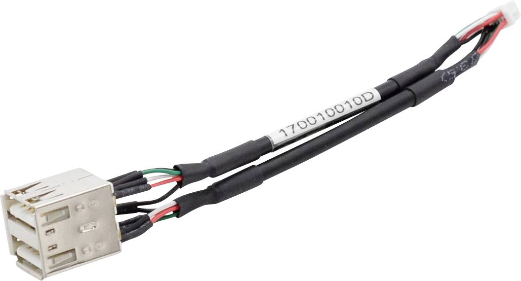 Ein USB-Splitterkabel mit zwei USB-Anschlüssen an einem Ende und einem Stecker am anderen Ende, umhüllt mit schwarzem Schutzschlauch.