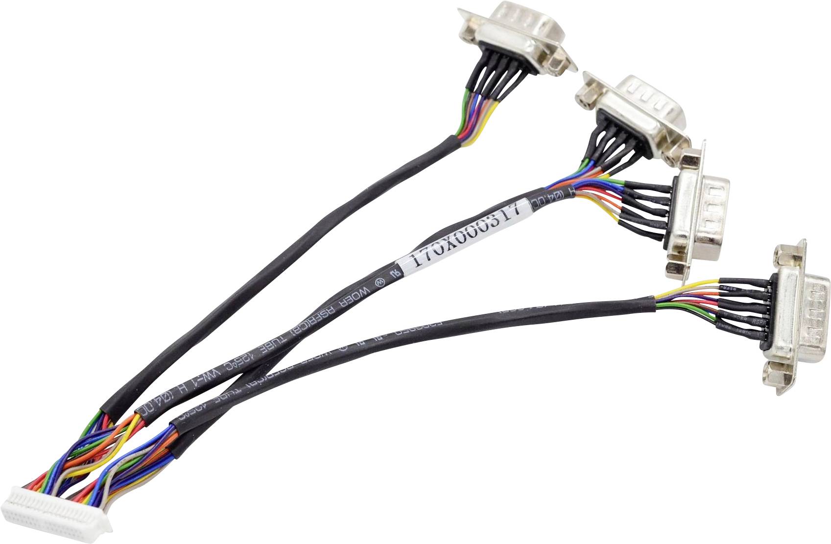 Ein Kabel, das mit drei separaten Anschlüssen verbunden ist, mit mehreren farbigen Drähten, die eine Aufteilung oder Verbindungsstelle in einem elektronischen Setup anzeigen.