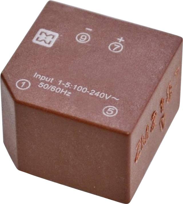 Eine braune elektrische Komponente mit der Bezeichnung „Input 1-5:100-240V~ 50/60Hz