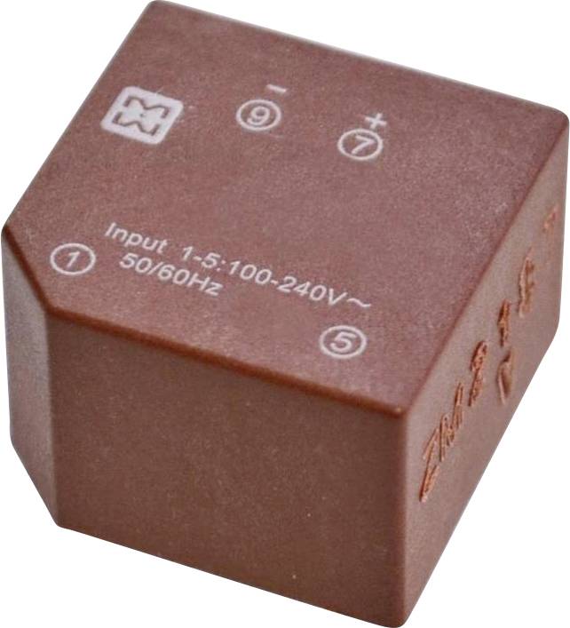 Eine braune Stromversorgungseinheit mit Beschriftungen: „Input 1-S:100-240V~ 50/60Hz