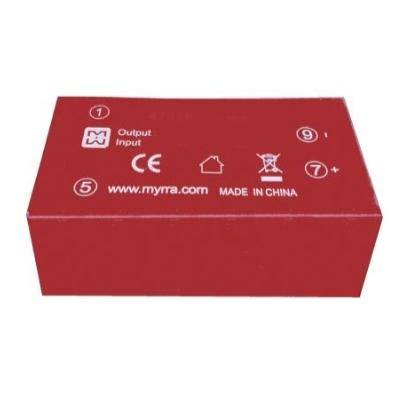 A red rectangular electronic component with white labels: Output, Input, CE mark, website www.myrra.com, and Made in China.