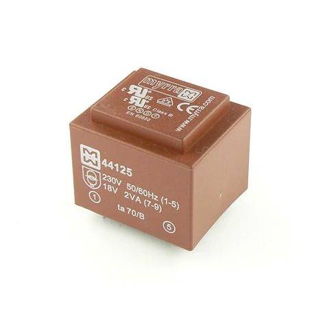 A small brown electrical transformer with specifications: '230V 50/60Hz', '18V 2VA'. Marked with manufacturing symbols and codes.