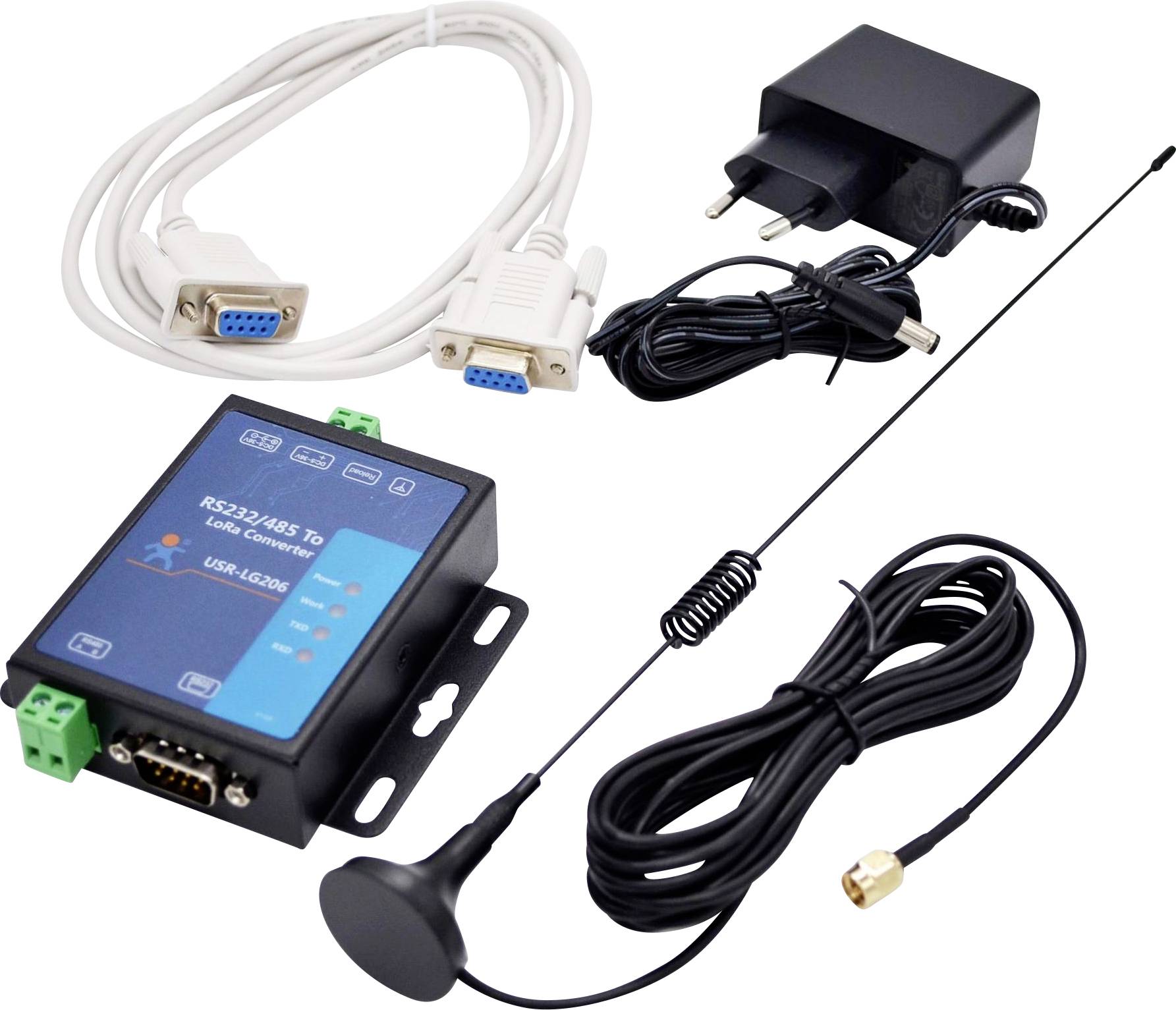 Ein Funkommunikationsgerät-Set mit Kabeln, einem Netzteil und einer Antenne. Entwickelt für RS232/485 zu LoRa/LoRaWAN-Konnektivität.