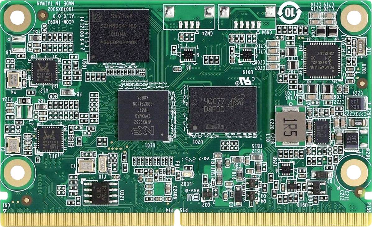 Nahaufnahme einer grünen Leiterplatte mit verschiedenen Mikrochips, Widerständen und Kondensatoren. Es handelt sich um ein kompaktes elektronisches Modul.
