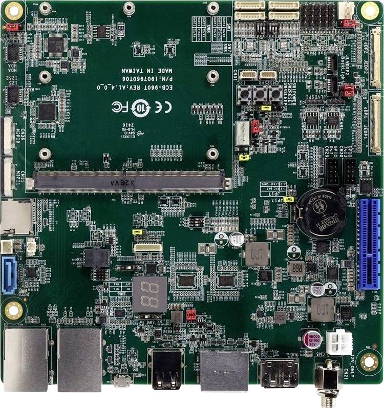 Bild einer Computerhauptplatine mit verschiedenen elektronischen Komponenten, Anschlüssen und Steckern, das ein technisches und elektronisches Thema veranschaulicht.