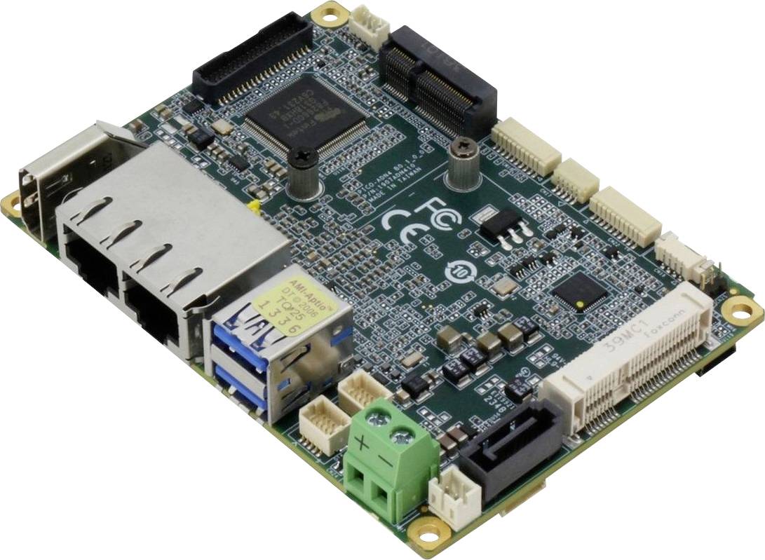 Kleine Computer-Hauptplatine mit mehreren Anschlüssen und Verbindungselementen, einschließlich USB, Ethernet und SATA, geeignet für eingebettete Systeme.