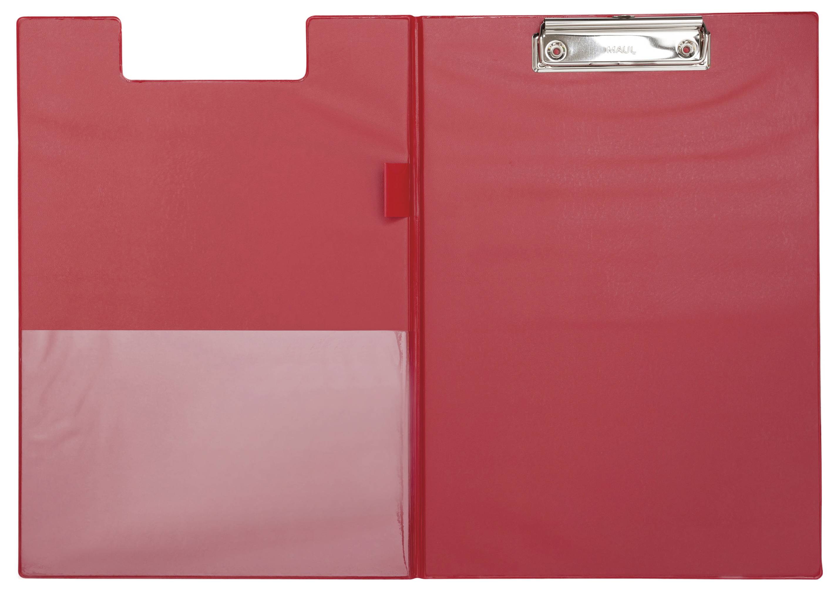 Ein roter Klemmbrett-Ordner, der offen ist und eine durchsichtige Tasche auf der linken Seite und eine Metallklemmhalterung für Papiere auf der rechten Seite zeigt.