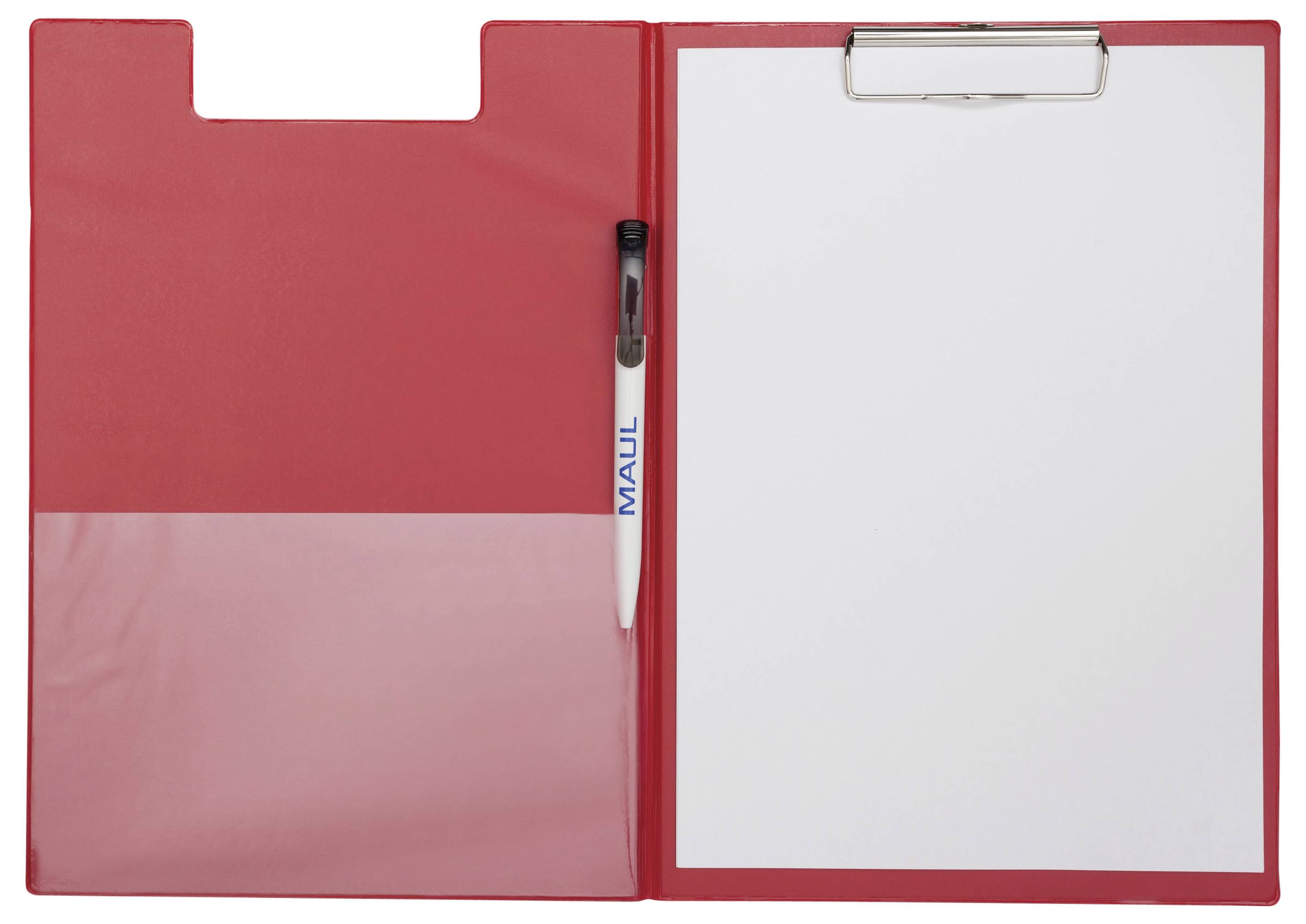 Eine rote Klemmbrett mit einem angebrachten Stift, mit offener Abdeckung und einem weißen Notizbock auf der rechten Seite.