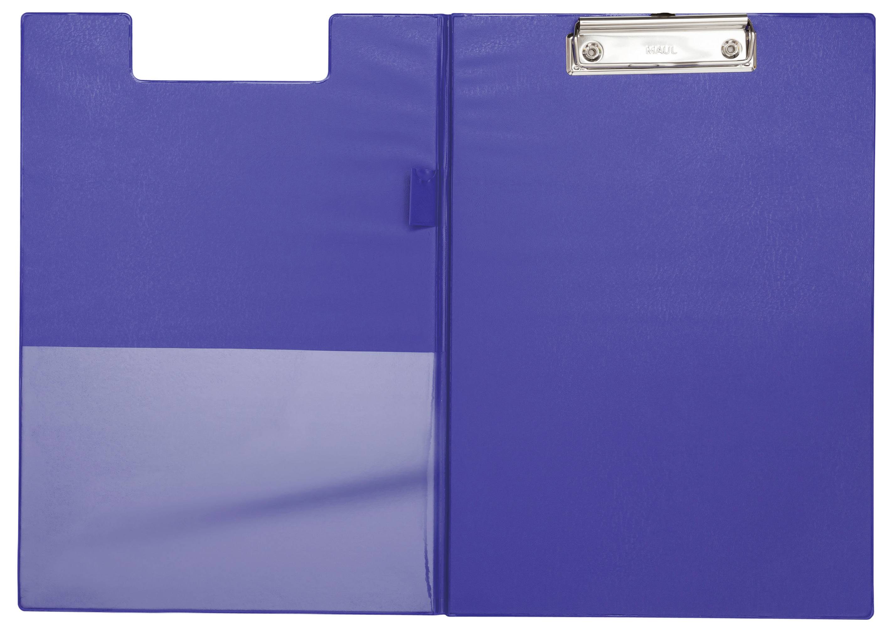 Ein offener blauer Klemmbrett-Ordner mit einer klaren Tasche auf der linken Seite und einer Metallklammer auf der rechten Seite zum sicheren Halten von Dokumenten.
