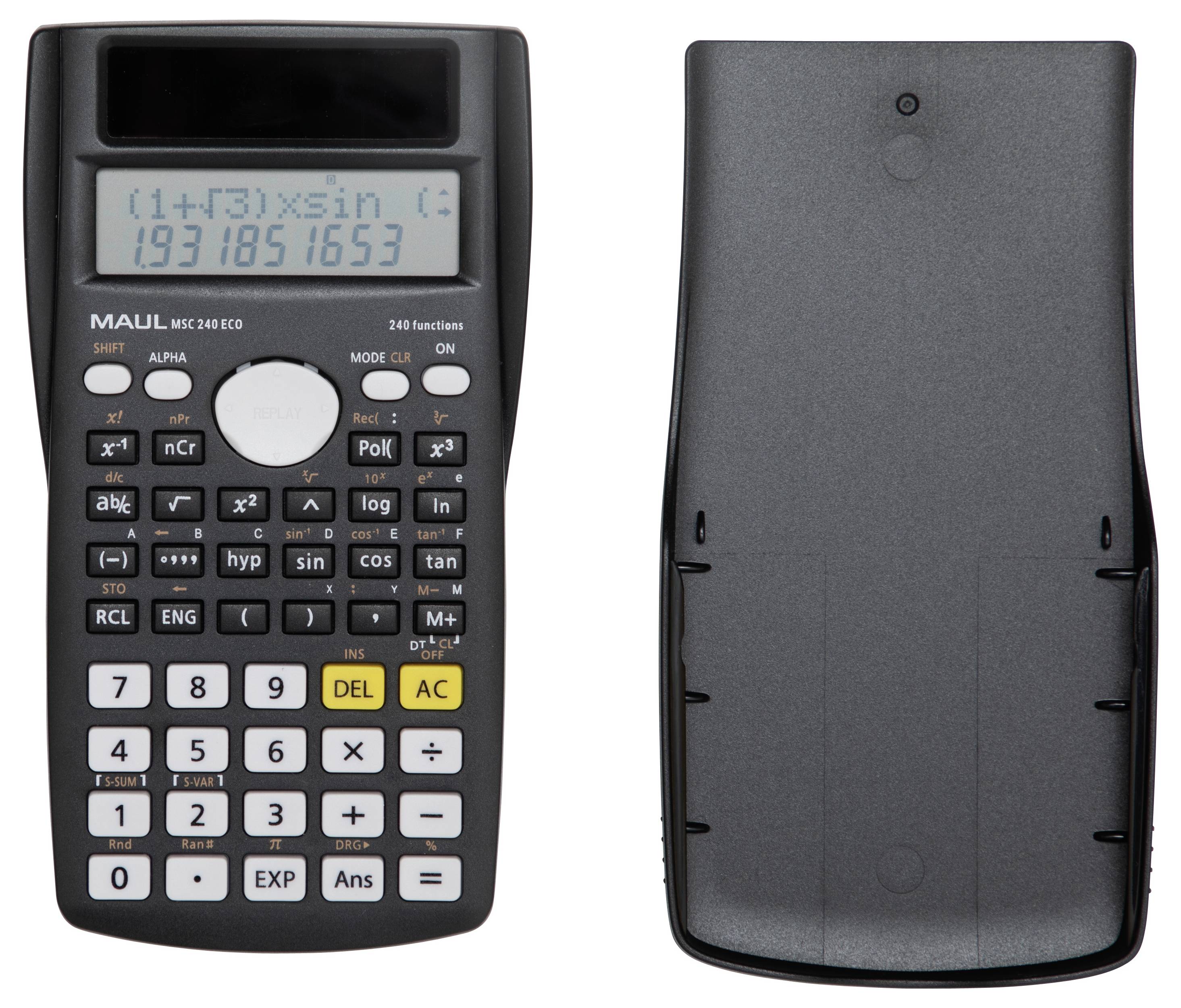 „Wissenschaftlicher Taschenrechner mit Schutzhülle. Das Display zeigt eine komplexe trigonometrische Berechnung: (1+√3)×sin(π/3). Numerisches Ergebnis: 1.931851653.