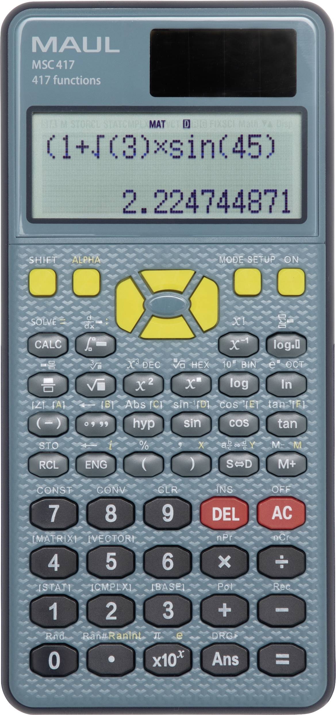 Ein blauer wissenschaftlicher Taschenrechner, der die Gleichung „1+(3)*sin(45)