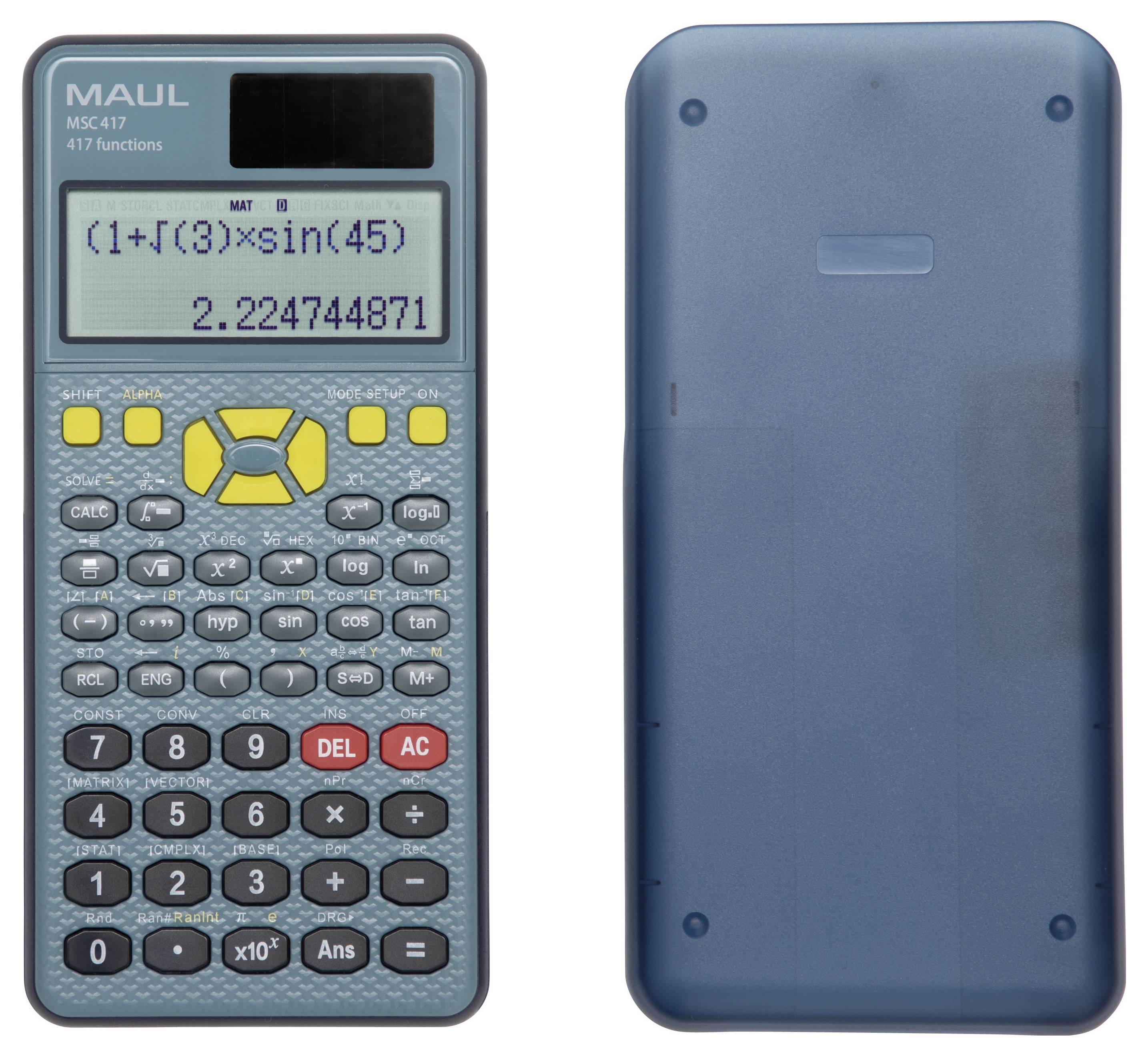 Das Bild zeigt einen wissenschaftlichen Taschenrechner mit einem digitalen Display, das das Ergebnis von '(1+√(3)×sin(45))' als '2.224744871' anzeigt. Der Taschenrechner hat gelbe und graue Tasten.