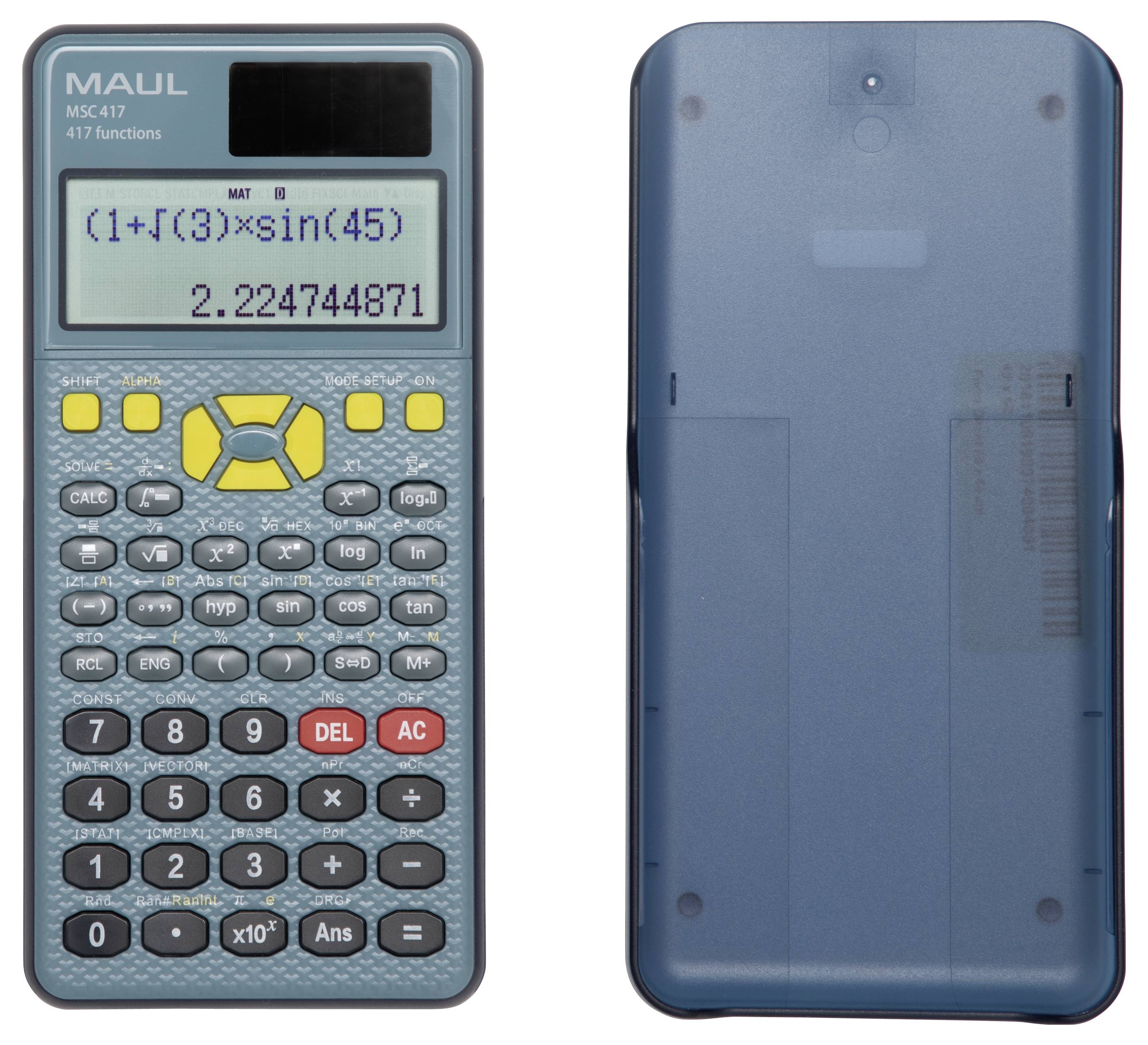 Blauer wissenschaftlicher Taschenrechner, der die Gleichung (1+f(3))sin(45)=2.224744871 auf dem Bildschirm anzeigt. Vorder- und Rückansicht dargestellt.