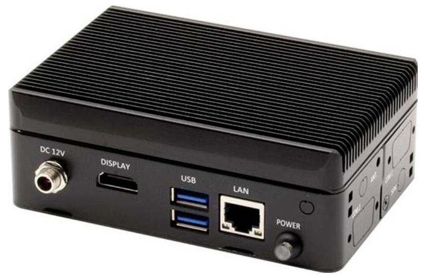 A small black computer with ports for DC power, HDMI, USB, LAN, and a power button on the side, designed for compact computing tasks.