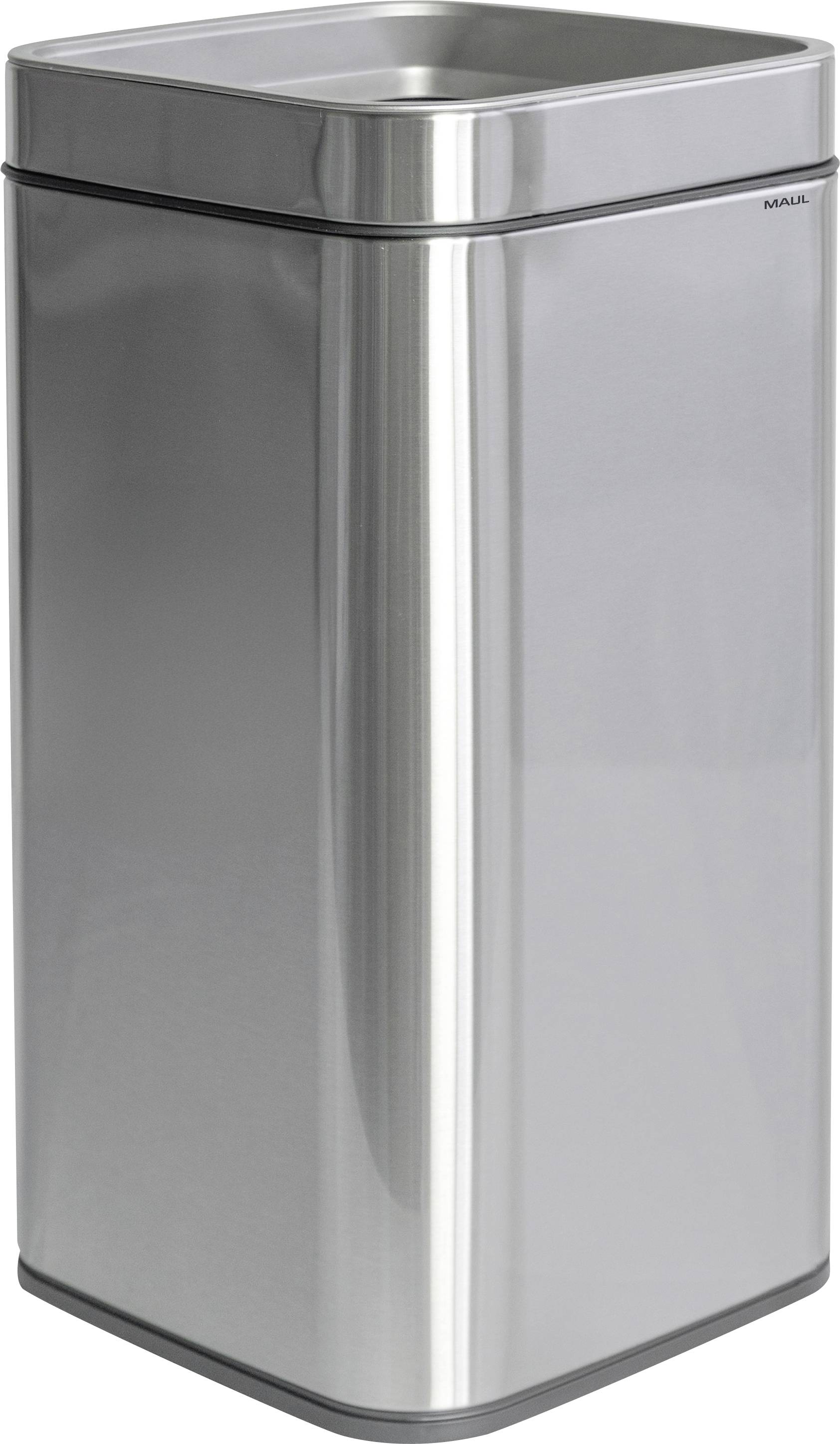 Ein eleganter, rechteckiger Edelstahl-Mülleimer mit offener Oberseite, entworfen für moderne Küchen- oder Büroräume.