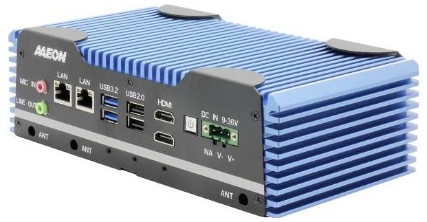 Blue industrial computer with LAN, USB, HDMI ports, and 9-36V DC input. Compact design with ribbed casing for heat dissipation.