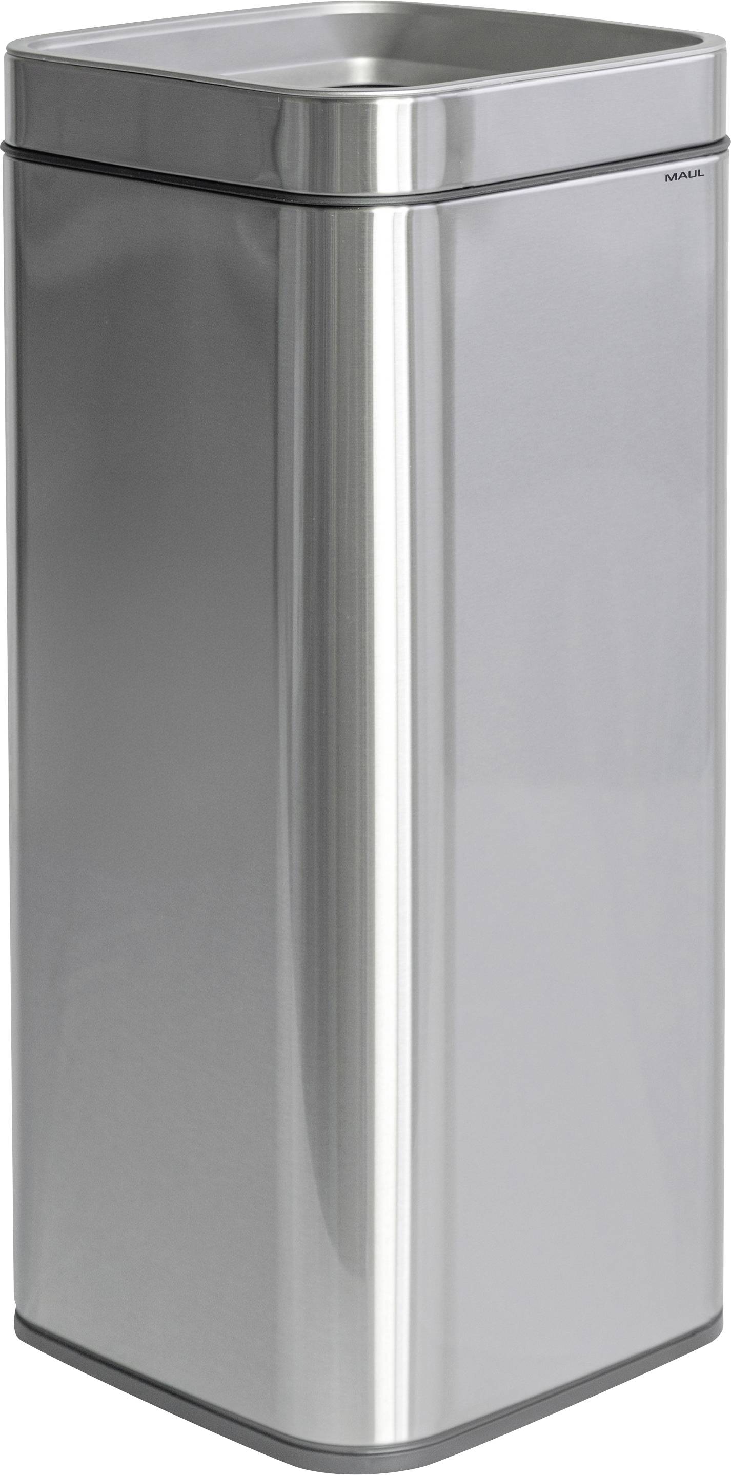 Ein rechteckiger Mülleimer aus Edelstahl mit minimalistischem Design, ausgestattet mit einem flachen Deckel und einer glatten Oberfläche.