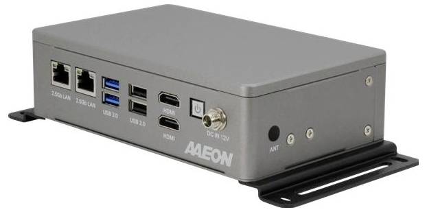 A compact AAEON network device with multiple ports including HDMI, USB, LAN, and antenna input, suitable for industrial use.
