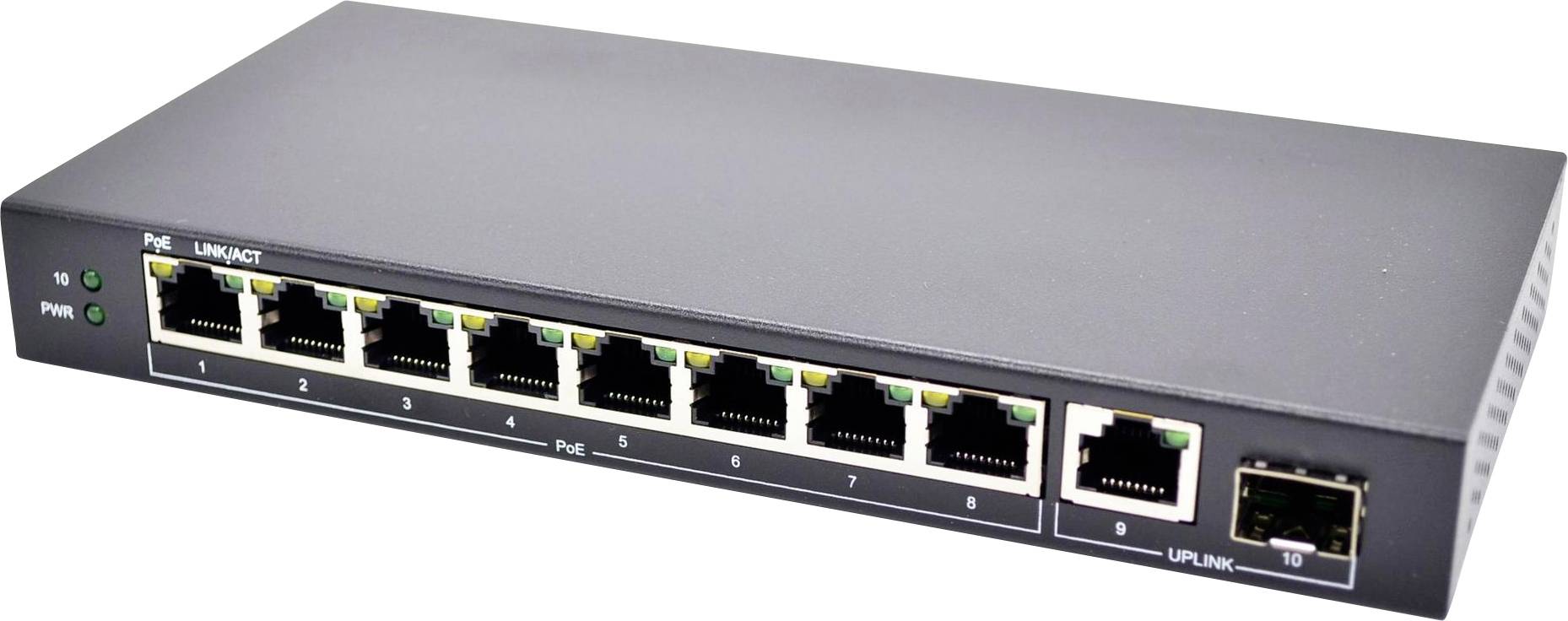 Ein Netzwerk-Switch mit acht Ethernet-Anschlüssen und LED-Anzeigen für Stromversorgung und Konnektivitätsstatus, der zur Verwaltung des Datenverkehrs in einem System verwendet wird.