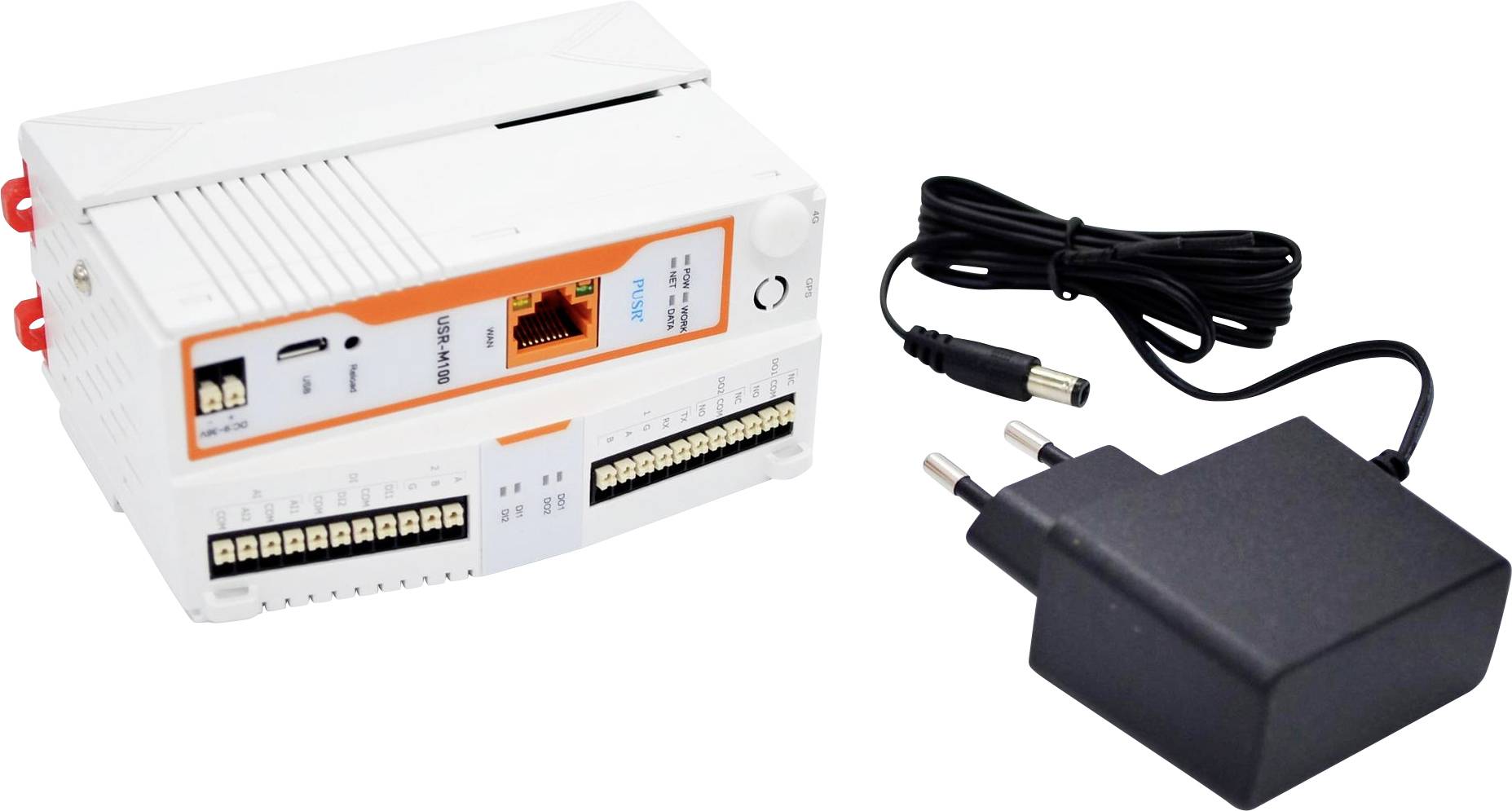 Ein weißes elektronisches Gerät mit Konnektivitätsanschlüssen und einem Ethernet-Anschluss, gepaart mit einem schwarzen Stromadapter mit einem Stecker, auf weißem Hintergrund.