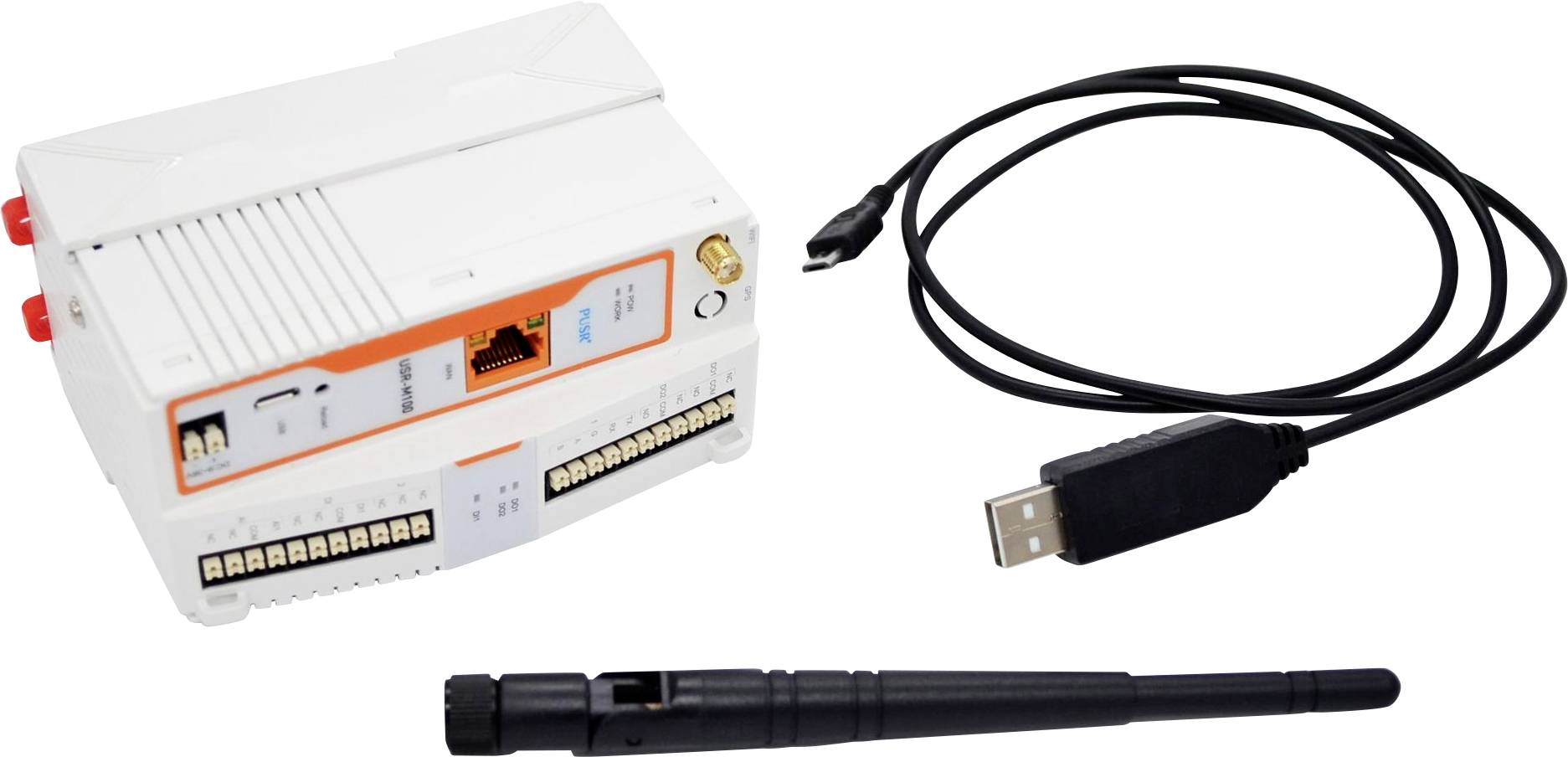 Ein weißes elektronisches Gerät mit orangefarbenen Details und Anschlüssen, einer schwarzen Antenne und einem USB-Kabel. Wahrscheinlich Teil eines Kommunikations- oder Kontrollsystems.