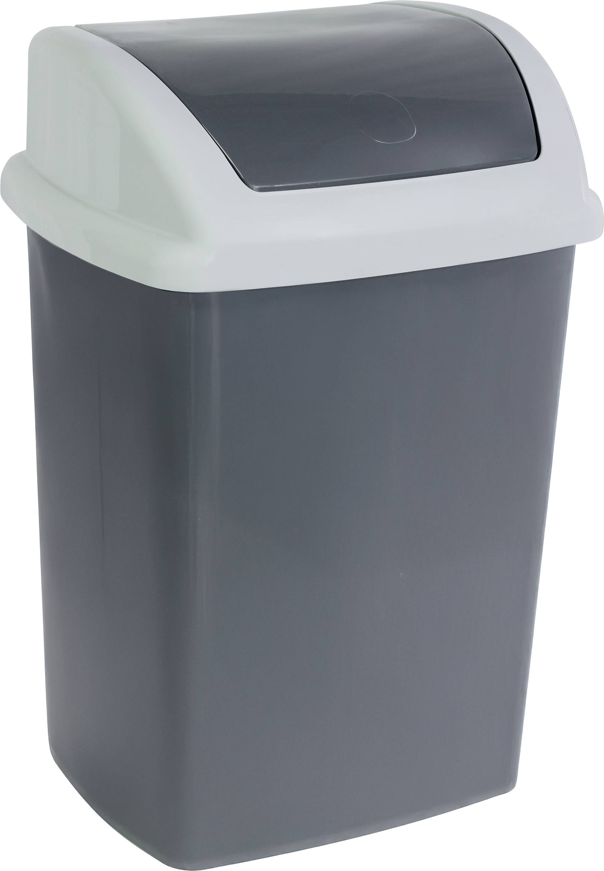 Ein grauer Kunststoffmülleimer mit weißem Deckel mit Klappe, typischerweise zur Abfallentsorgung im Innenbereich verwendet.