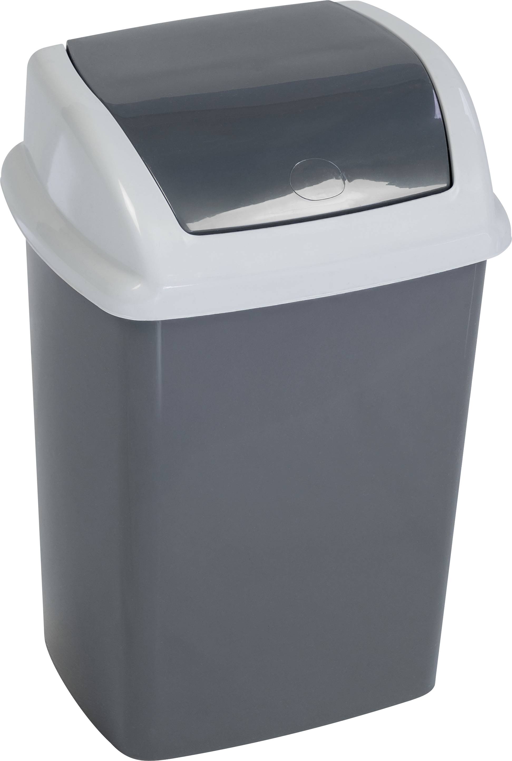 Ein grauer Kunststoffmülleimer mit Klappdeckel, für den Innenbereich konzipiert, geeignet für Küchen oder Büros.