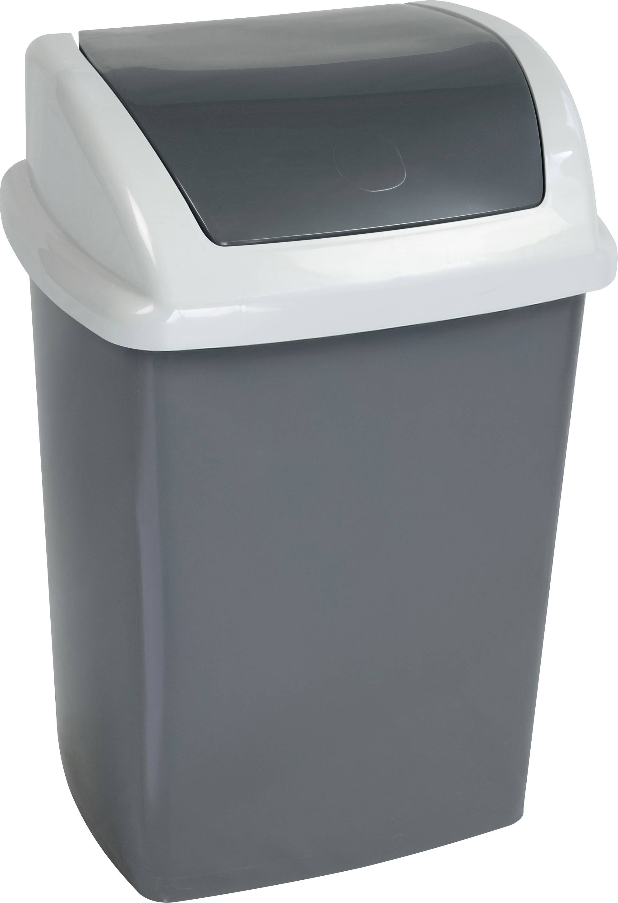 Ein grauer Kunststoffmülleimer mit Schwingdeckel.