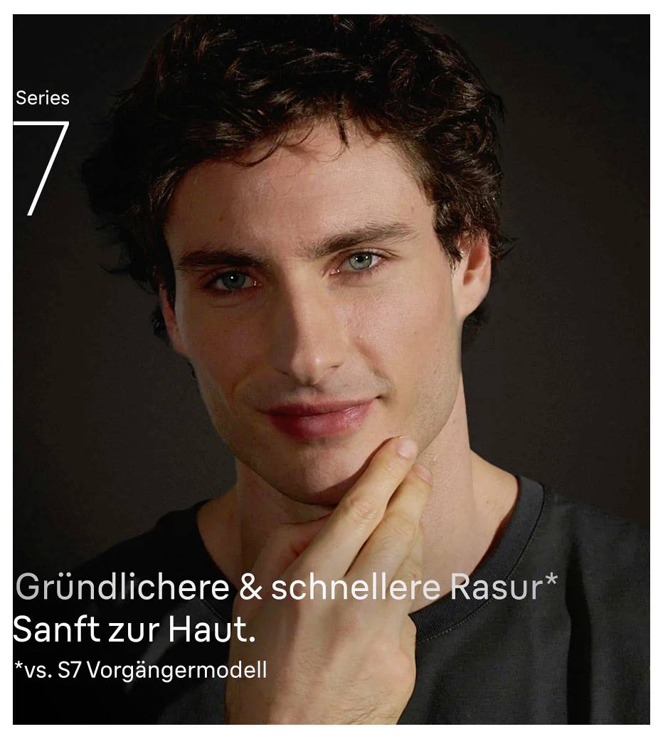 Eine Person, die ihr Gesicht berührt, lächelt, mit Text, der eine sanftere und schnellere Rasur als das vorherige Modell, Series 7 Rasierer, bewirbt.