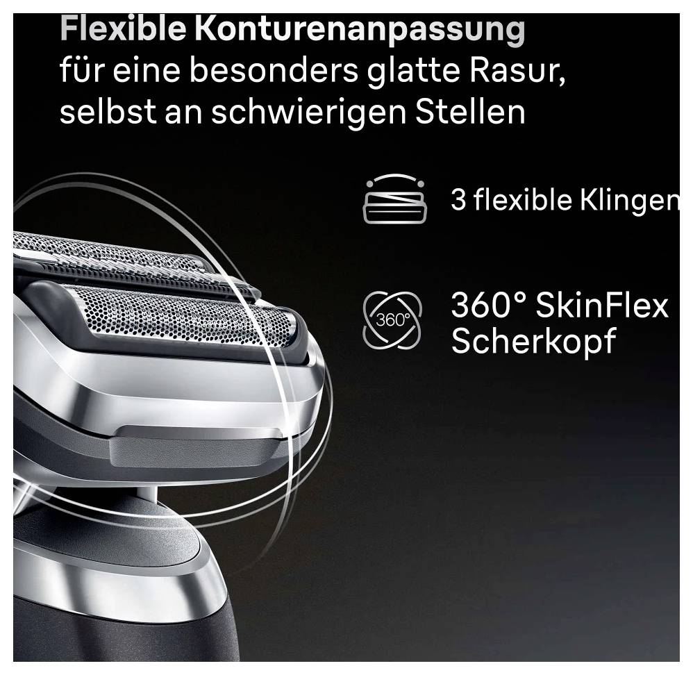 Ein Elektrorasierer mit einem '360° SkinFlex'-Scherkopf und '3 flexiblen Klingen' für eine glatte Rasur, hervorgehoben in deutschem Text oben.