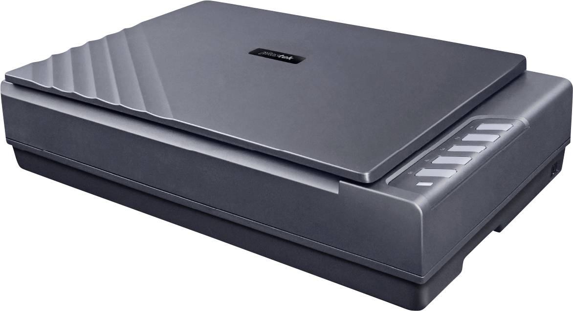 Ein Flachbettscanner mit geschlossenem Deckel, mit elegantem, dunkelgrauem Design und sichtbarem Markenlogo auf der Oberseite.