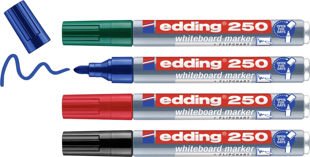 Vier Edding 250 Whiteboard-Marker in Grün, Blau, Rot und Schwarz mit entfernten Kappen. Der blaue Marker zeigt eine gezogene Linie.