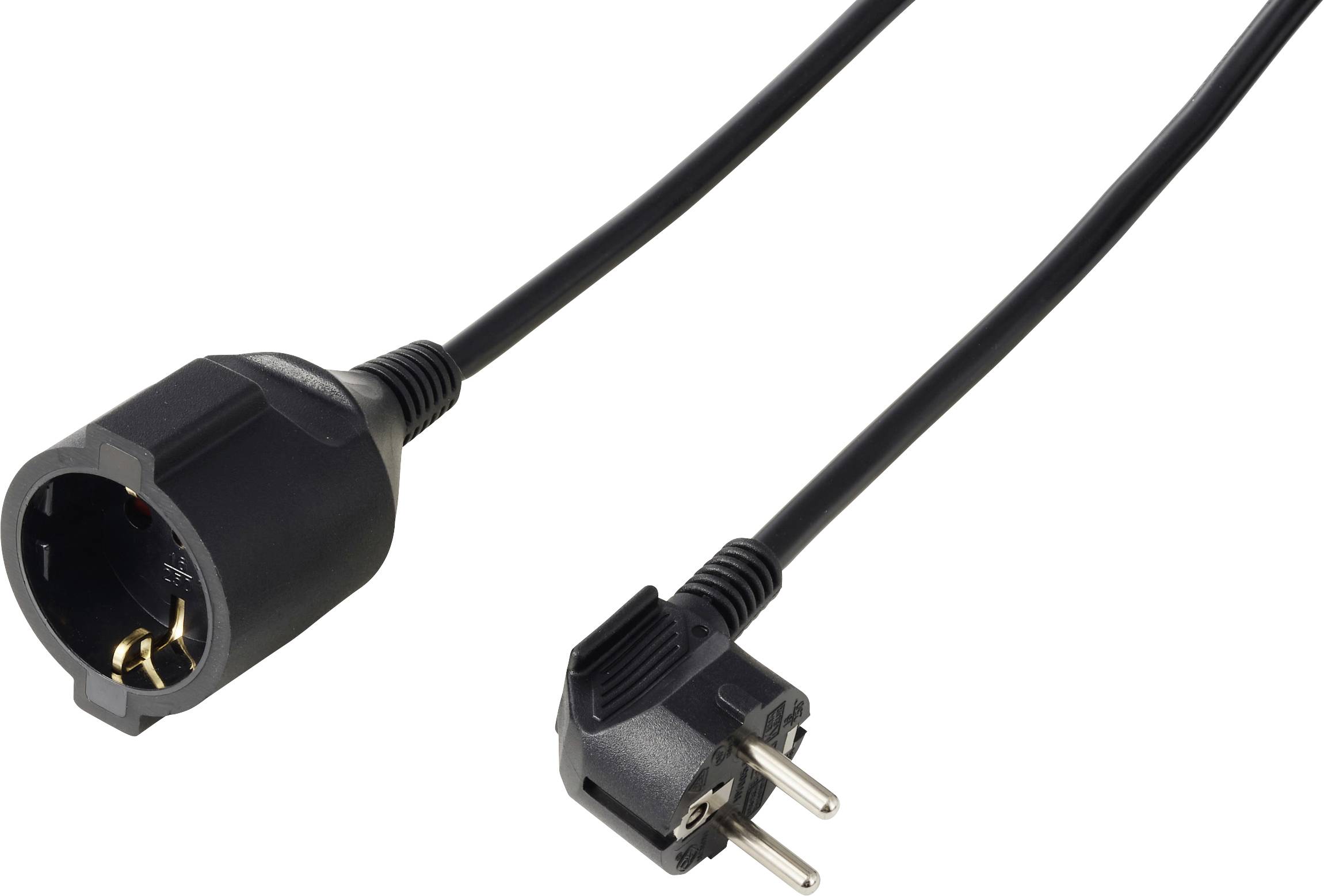 Schwarzes Stromverlängerungskabel mit europäischem zweipoligem Stecker und Steckdosenleiste auf weißem Hintergrund.