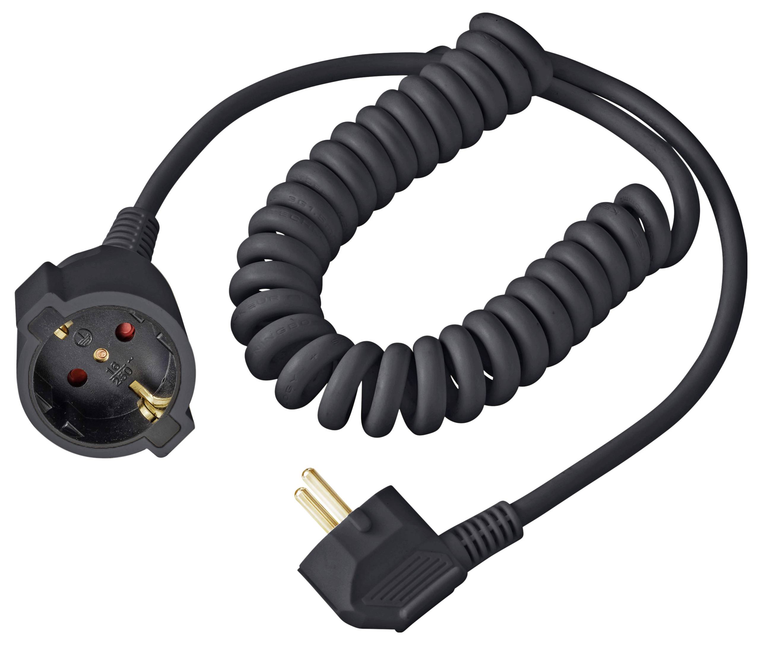 Schwarzes aufgerolltes Verlängerungskabel mit geerdetem Stecker und Buchsenenden auf weißem Hintergrund.