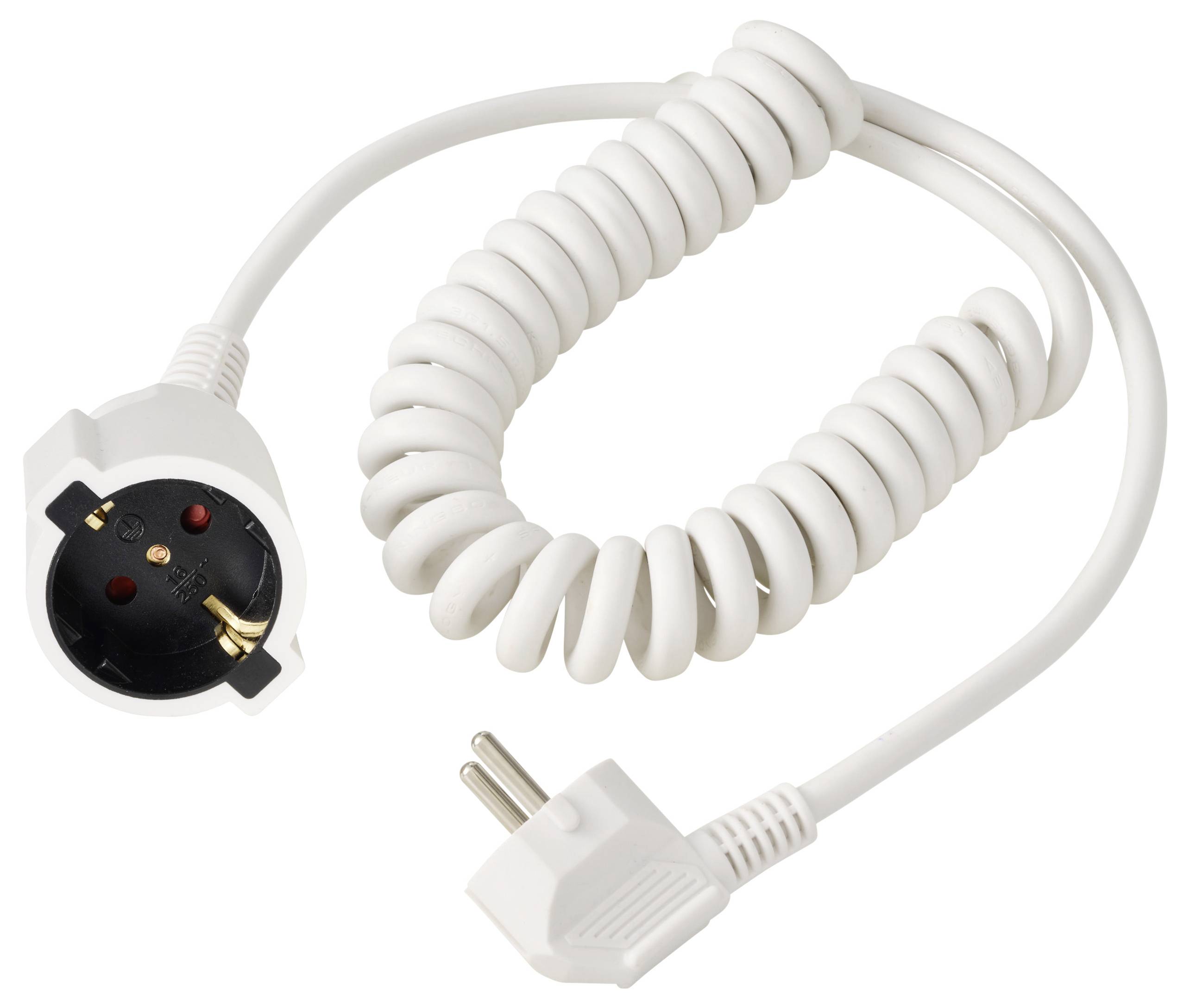 Weiße aufgerollte Verlängerungskabel mit europäischem Stecker und passendem Anschluss, auf weißem Hintergrund dargestellt.