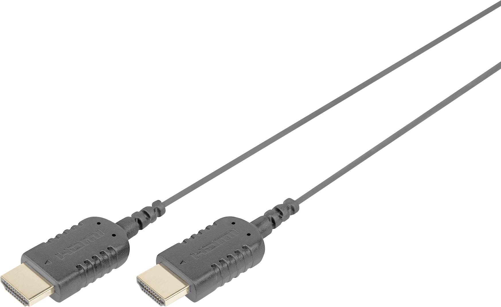 Zwei schwarze HDMI-Kabel mit vergoldeten Steckverbindern liegen parallel nebeneinander und zeigen ihr schlankes, flexibles Design, das sich für die Übertragung von hochauflösenden Audio- und Videosignalen eignet.