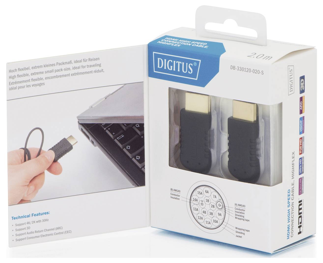 Das Bild zeigt ein DIGITUS HDMI-Adapter-Paket mit zwei Adaptern. Die Verpackung hebt 