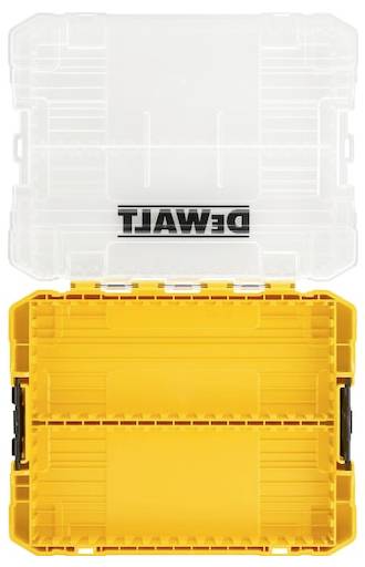 'DEWALT' markierte leere Werkzeugorganisierbox mit transparentem Deckel und gelbem Fachinneren.