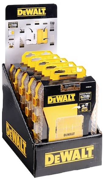 DEWALT-Werkzeuglager-Display mit mehreren gelben und schwarzen Boxen in einer Einzelhandelungsumgebung, das Organisation und Haltbarkeit hervorhebt.
