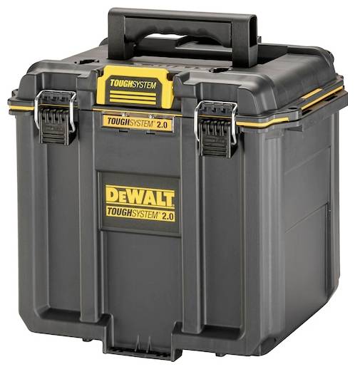 A black and yellow DeWalt ToughSystem 2.0 tool storage box with a top handle and metal latches, designed for durability.