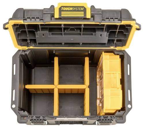 Offene Werkzeugkiste mit mehreren Fächern, mit der Bezeichnung 