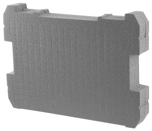 Ein stapelbares Lagersystem mit einer schwarzen und gelben Werkzeugbox mit Tragegriff, Taschen und Fächern zur Werkzeugorganisation.