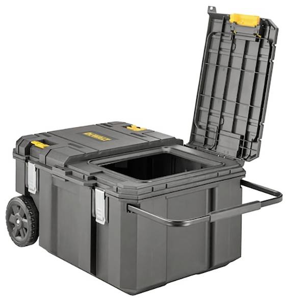 Ein schwarzer, fahrbarer Werkzeugkasten mit geöffnetem Deckel, der den Stauraum zeigt, mit metallgriff und gelben Akzenten.