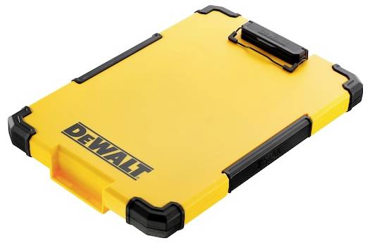 Ein gelber DEWALT-Behälter mit schwarzen Eckenschutzvorrichtungen und einem Griff auf einer Seite, konstruiert zur Lagerung von Werkzeugen oder Ausrüstung.