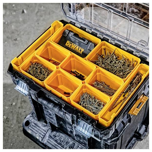 Ein offener gelb-schwarzer Werkzeugorganizer mit verschiedenen Schrauben und Nägeln, mit der Bezeichnung 