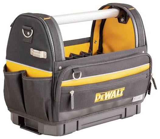 Schwarze und gelbe Dewalt TSTAK-Werkzeugtasche mit Metallgriff, mehreren Taschen und Reißverschlusskompartimenten zum Organisieren von Werkzeugen und Zubehör.