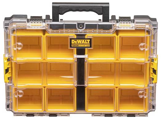 Ein tragbarer Werkzeugorganizer in Gelb und Schwarz mit transparentem Deckel, enthält zwölf Fächer zur Aufbewahrung.