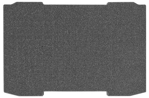 Eine strukturierte, rechteckige Schaumstoffeinlage mit Kerben an den Seiten, wahrscheinlich zum Verpacken oder Schützen von Ausrüstung verwendet.